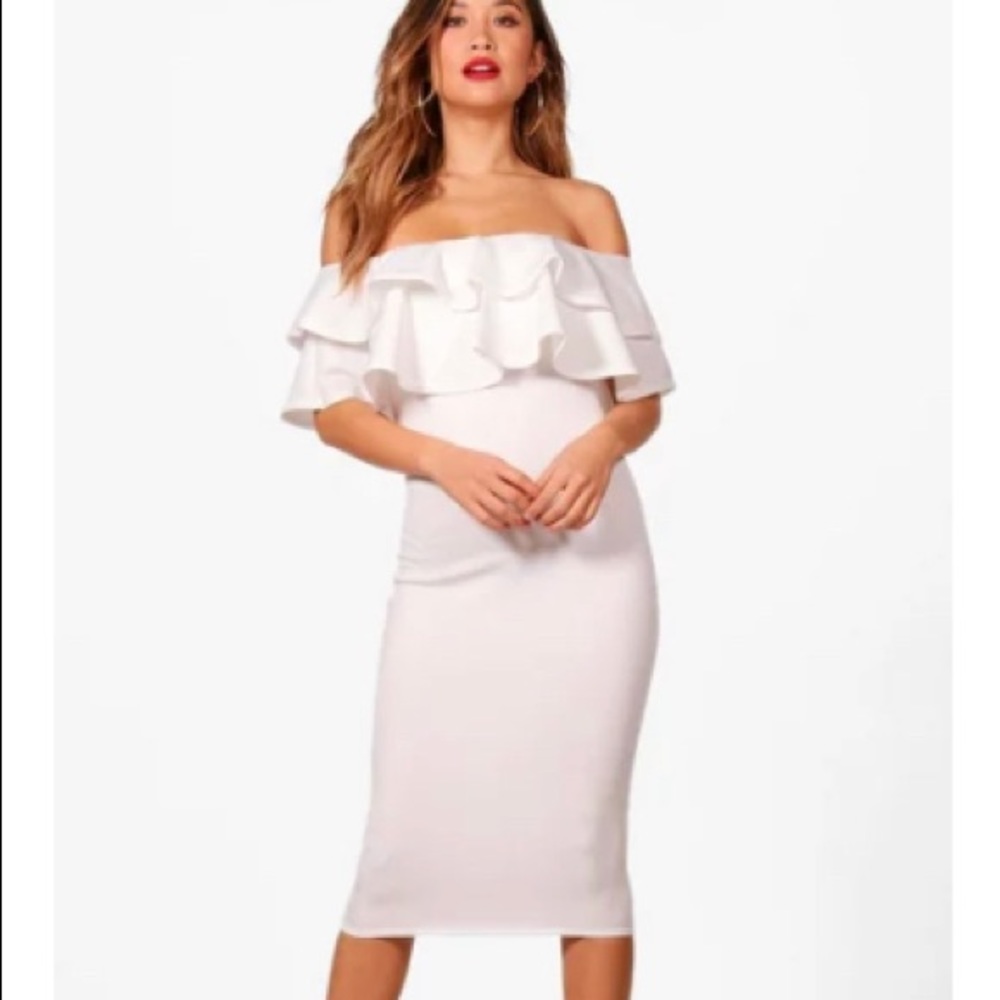 🤍 BOOHOO OFF THE SHOULDER FRILL MIDI DRESS